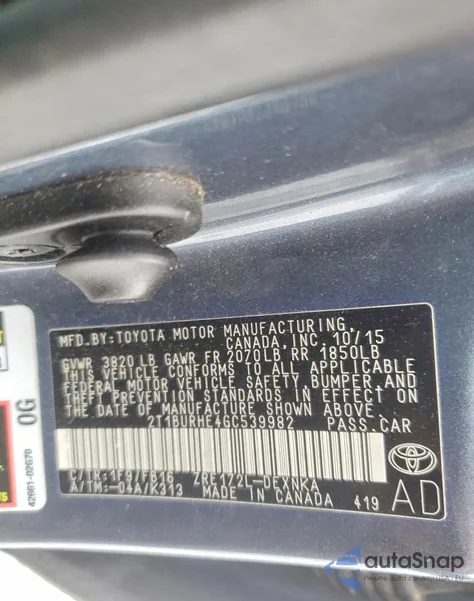 2016 Toyota Corolla L из США, поврежденный, VIN 2T1BURHE4GC539982